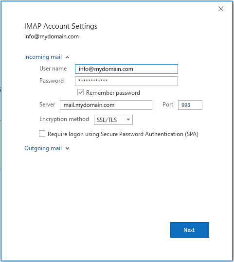 IMAP settings in Outlook - incoming mail