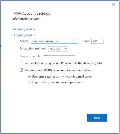IMAP settings in Outlook - outgoing mail